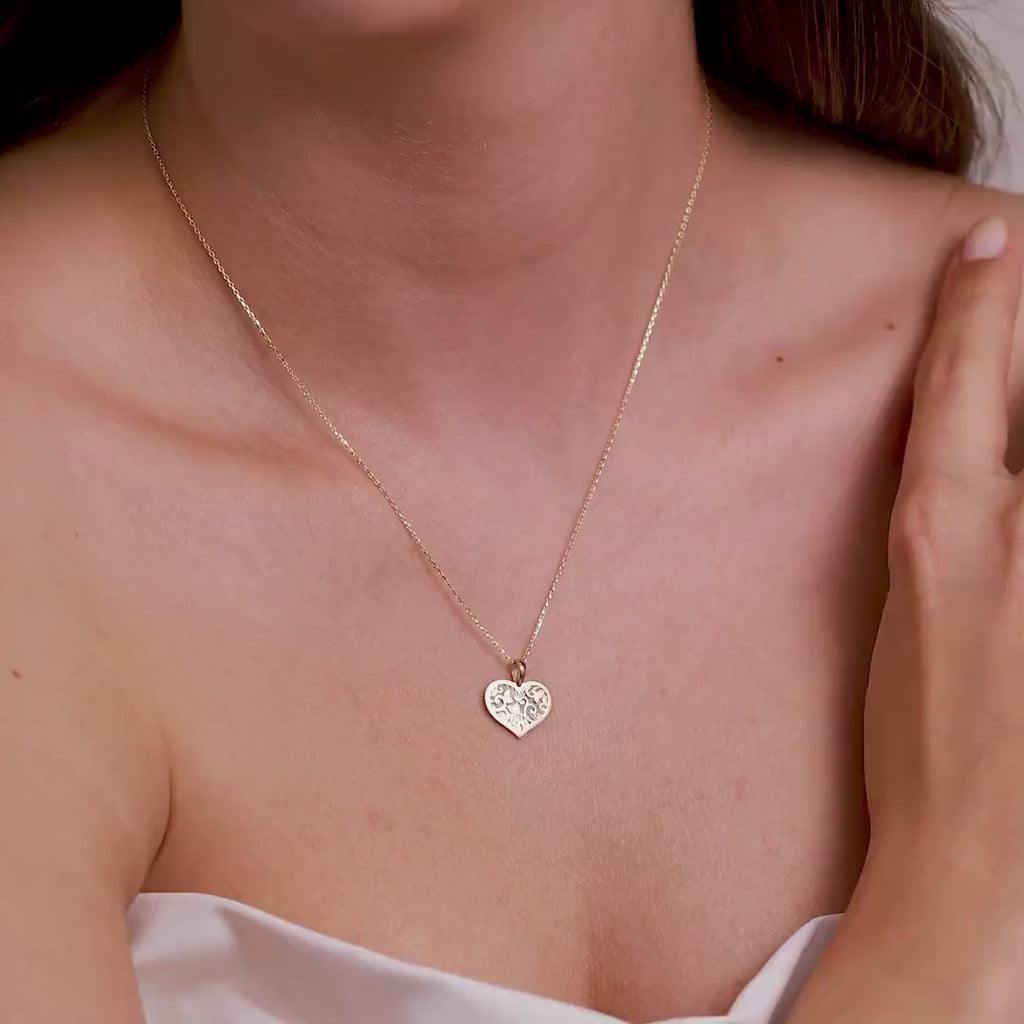 14K Gold Filigree Heart Necklace, Diamond Cut Ornate Heart Pendant, Vintage Style Charm, Romantic Gift for Her