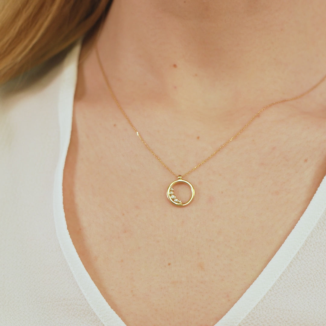 14K Gold Open Circle Necklace, Graduated Lab Diamond Ring Pendant, Journey Circle Charm, Gift for Her