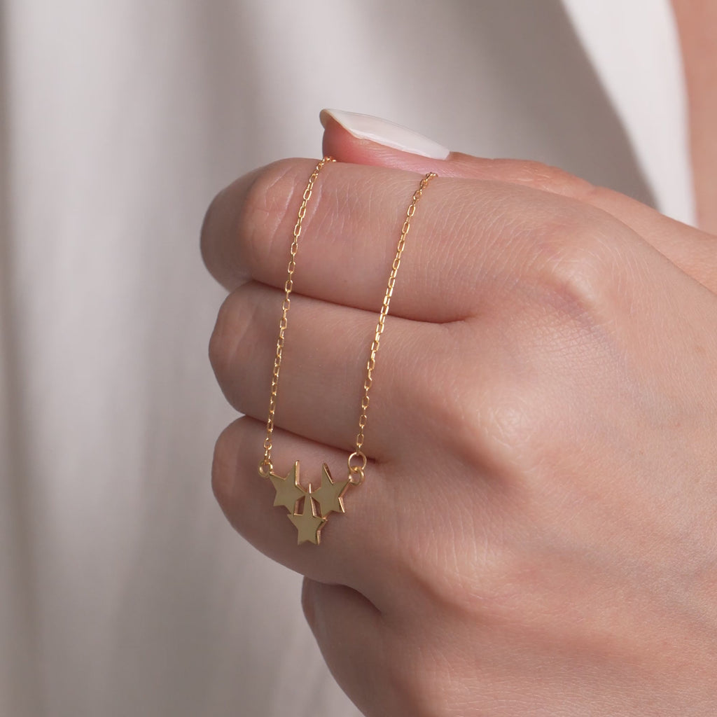 14K Gold Triple Star Necklace, Celestial Star Cluster Pendant, Dainty Minimalist Charm, Gift for Her