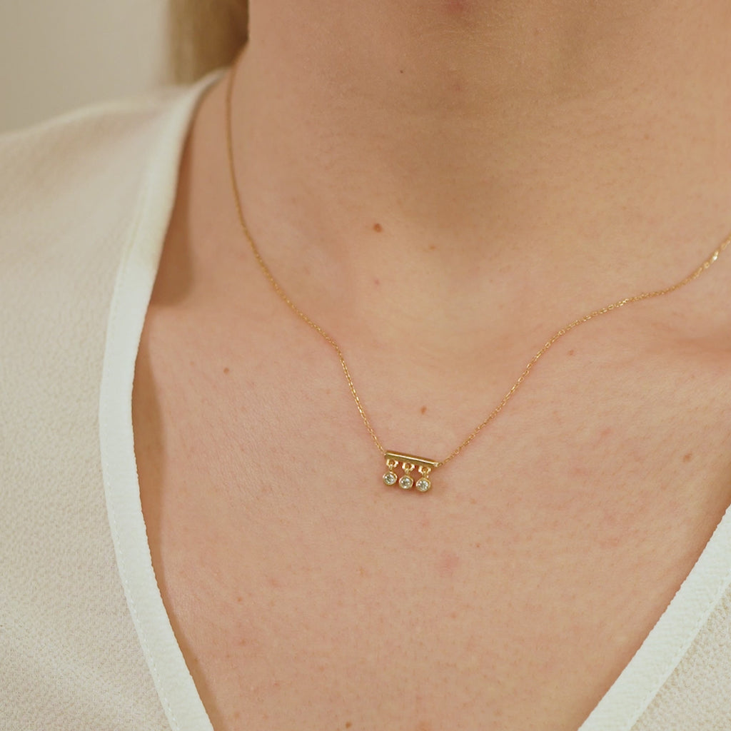 14K Gold Bar Necklace with Lab Diamond Drops, Triple Dangle Diamond Charm, Modern Bezel Set Pendant, Gift for Her