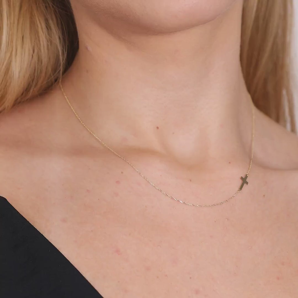 14K Gold Sideways Cross Necklace, Minimalist Horizontal Cross Pendant, Dainty Faith Charm, Gift for Her