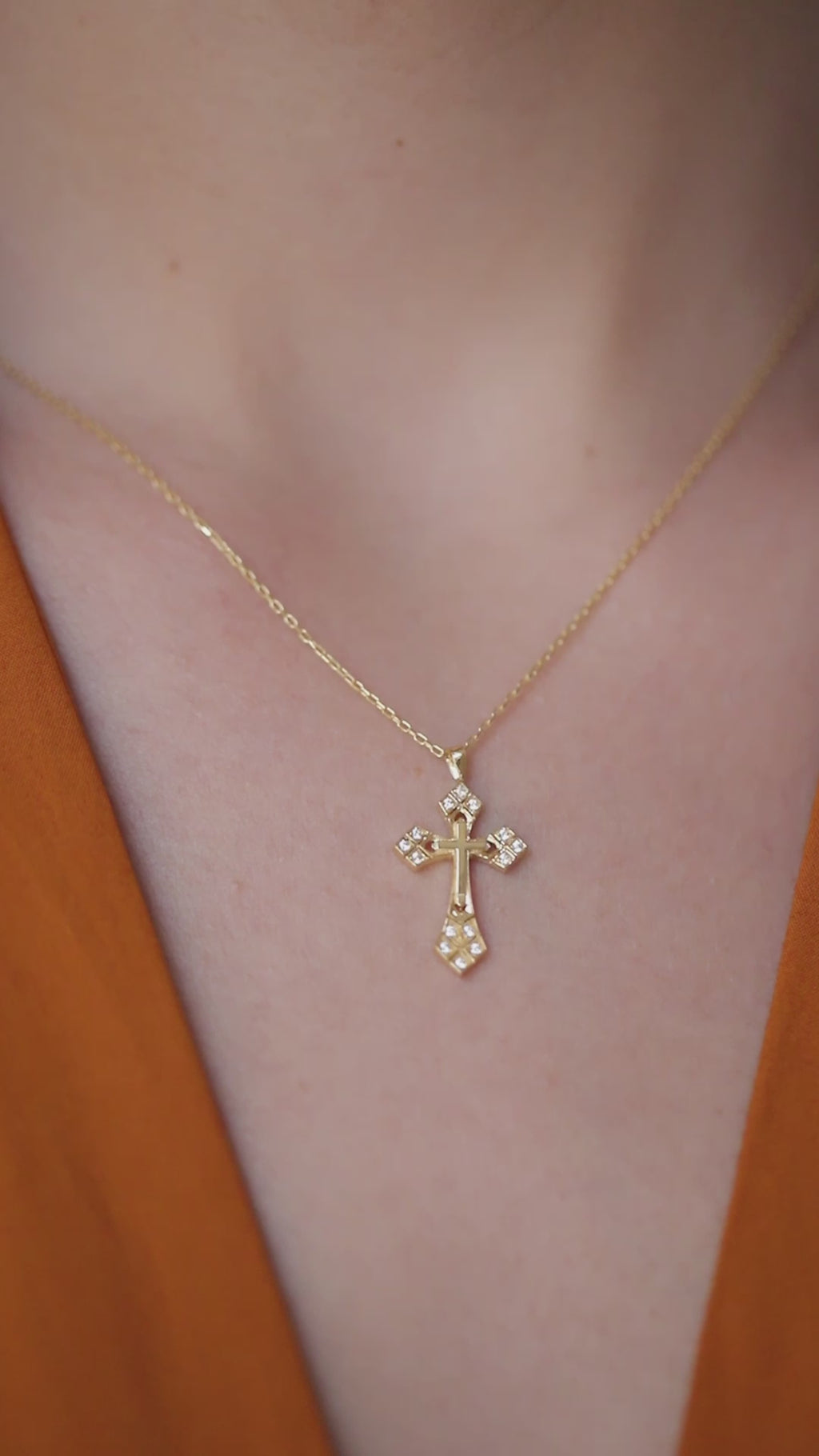 14K Gold Lab Diamond Cross Necklace, Ornate Studded Cross Pendant, Baroque Style Charm, Faith Gift for Her