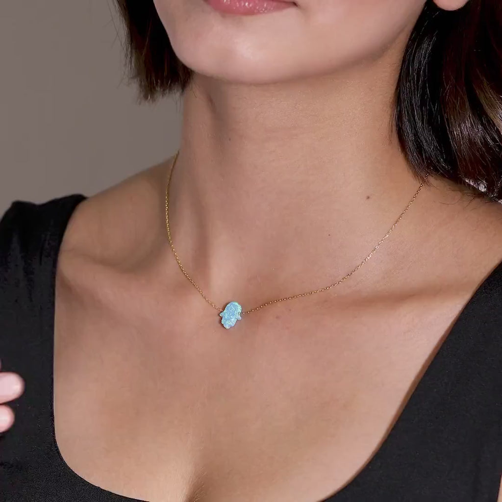 14K Gold Opal Hamsa Necklace, Blue Opal Hand Pendant, Dainty Protection Charm, Gift for Her