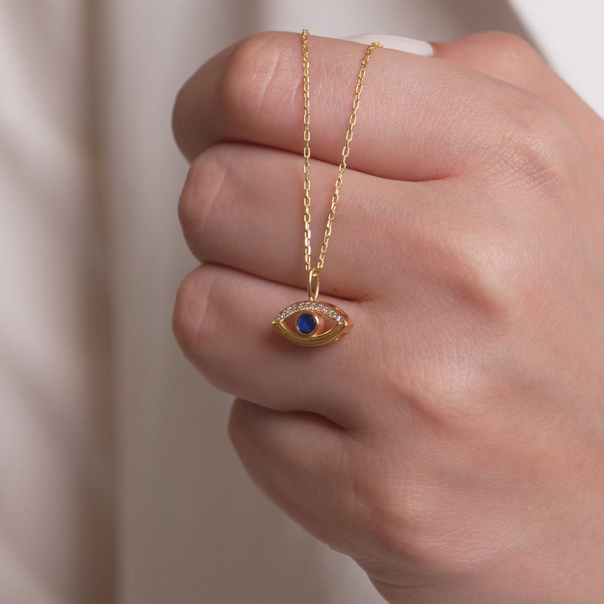 14K Gold Evil Eye Charm, Pave Lab Diamond Sapphire Eye Pendant, Protection Symbol Jewelry, Modern Nazar Charm, Gift for Her