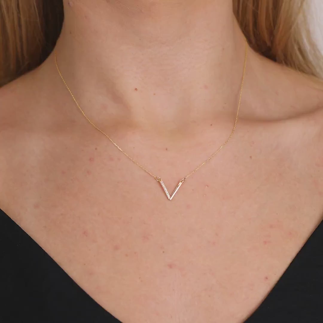 14K Gold Lab Diamond V Necklace, Half Pave Chevron Bar Pendant, Minimalist Geometric Charm, Gift for Her