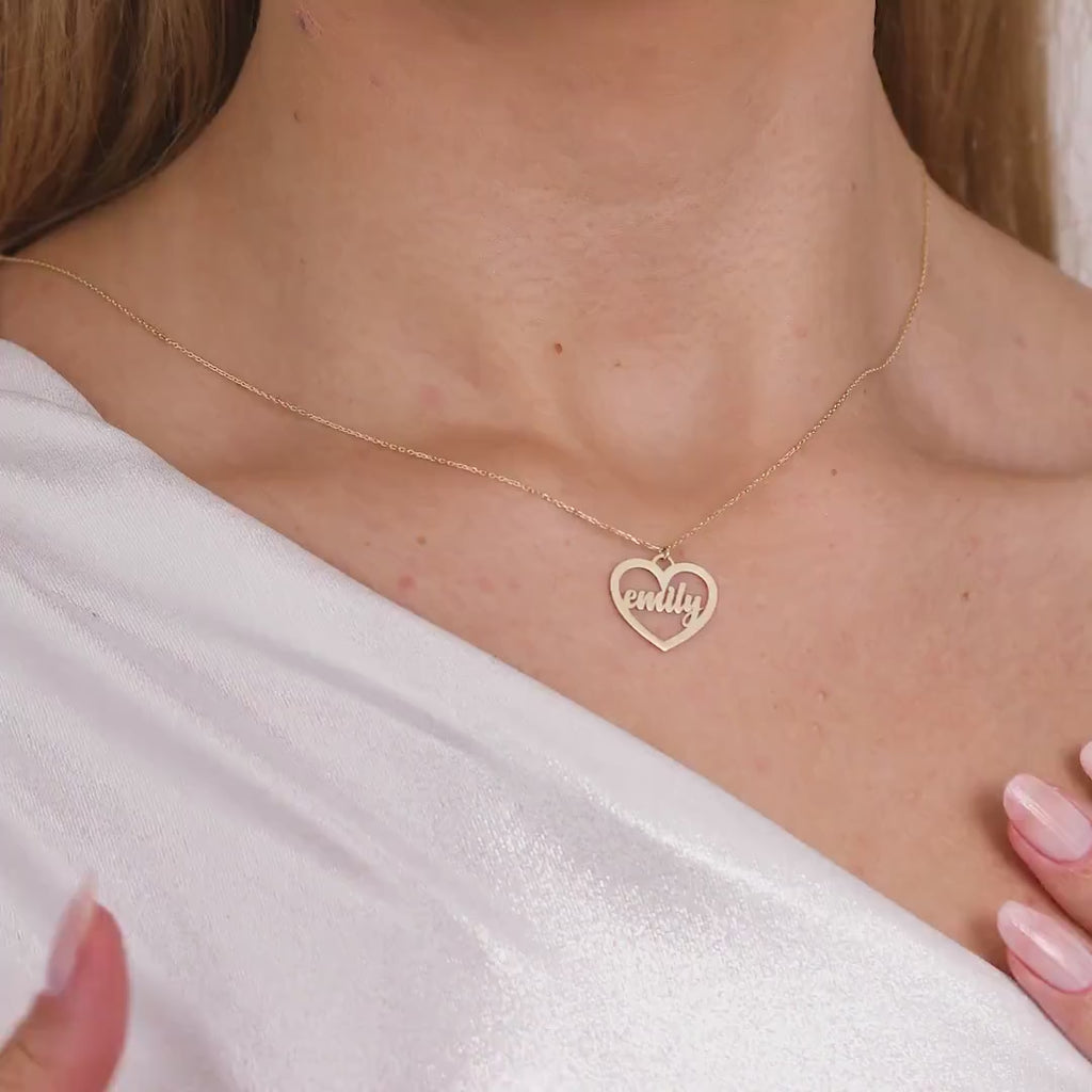 14K Gold Name Necklace in Heart, Custom Script Name Pendant, Personalized Heart Necklace, Gift for Her