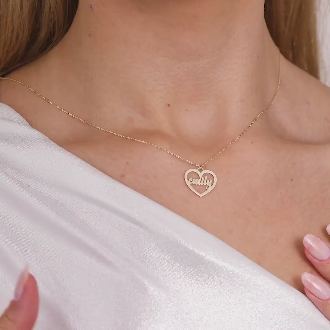 14K Gold Name Necklace in Heart, Custom Script Name Pendant, Personalized Heart Necklace, Gift for Her