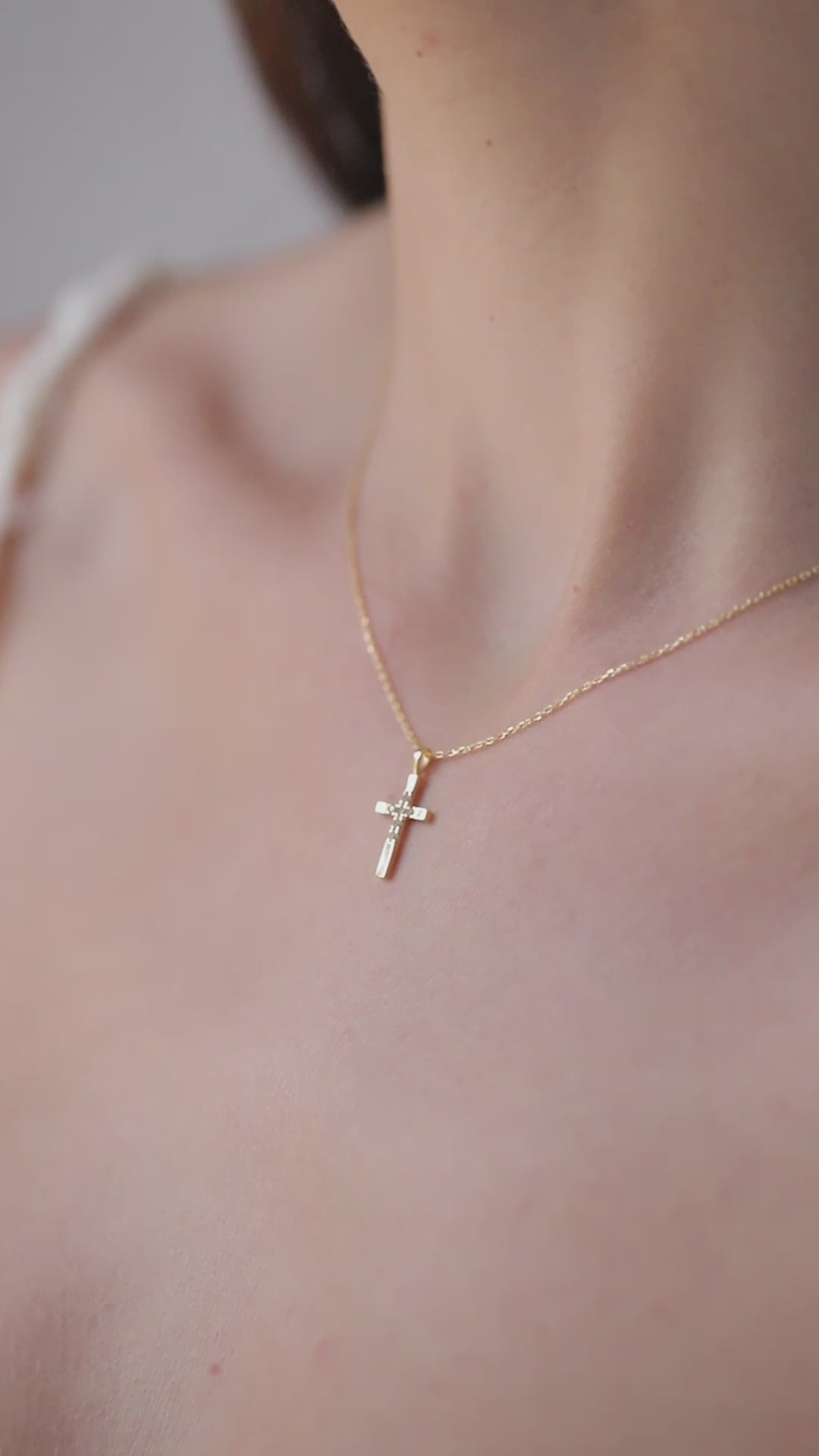 14K Gold Half Pave Cross Necklace, Lab Diamond Center Cross Pendant, Two-Tone Design Charm, Gift for Her