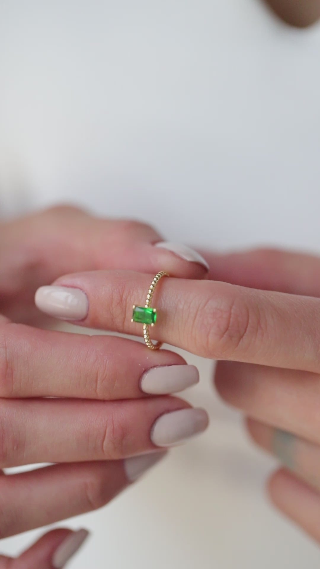 14K Gold Birthstone Ring Set, Beaded Stacking Rings, Emerald Cut Gemstone Rings, Custom Color Ring, Gift for Her