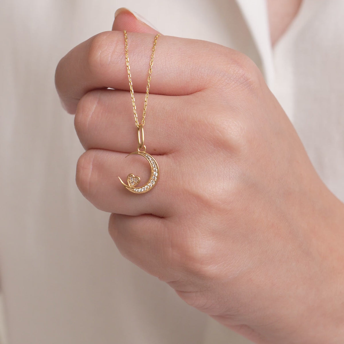 14K Gold Crescent Moon Heart Charm, Pave Lab Diamond Moon Pendant, Celestial Love Charm, Romantic Sky Jewelry, Gift for Her