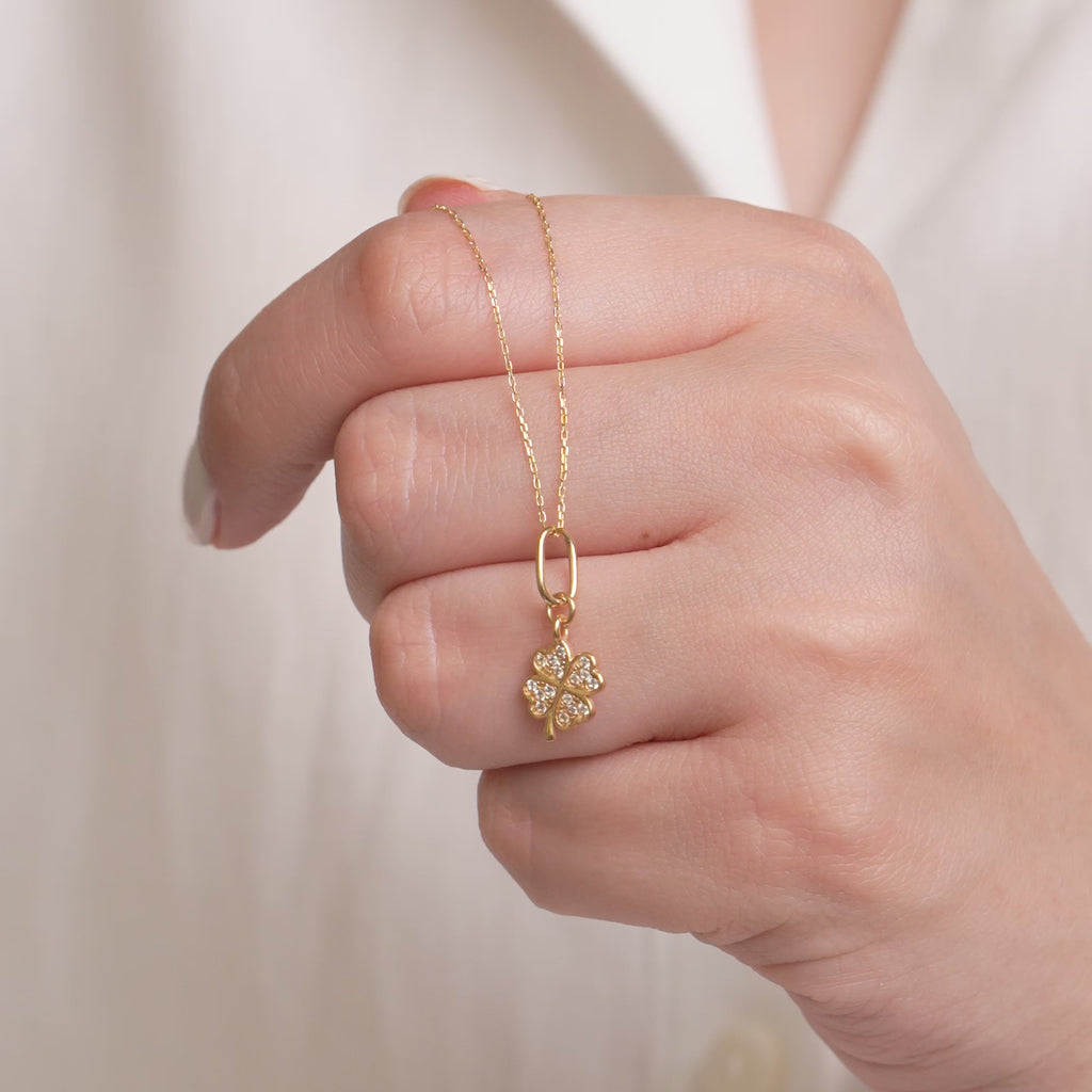 14K Solid Gold Clover Pendant with Lab Diamonds, Four Leaf Clover Necklace, Lucky Charm Jewelry, Gift for Her