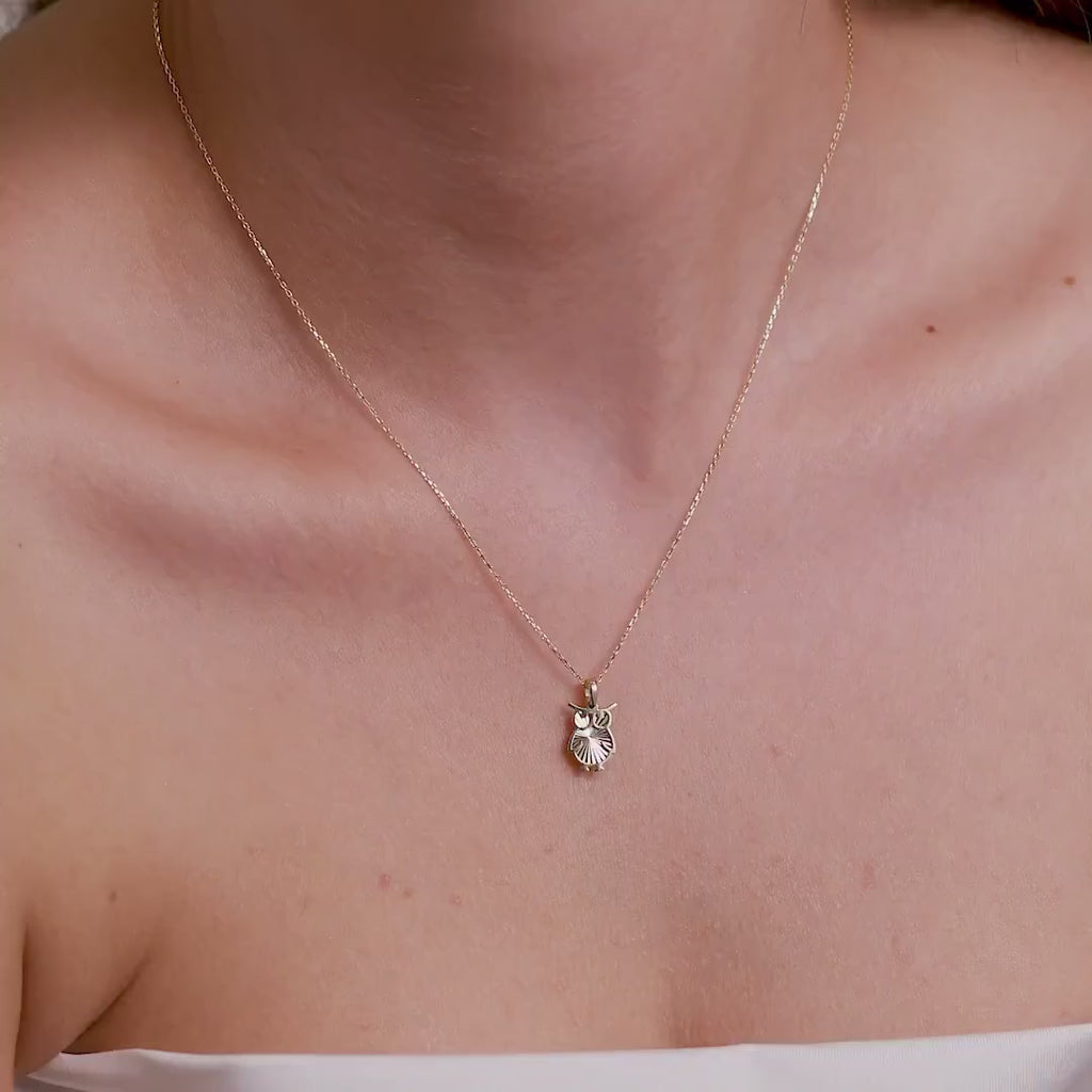 14K Gold Owl Necklace, Diamond Cut Owl Pendant, Wisdom Bird Charm, Symbolic Jewelry, Gift for Her