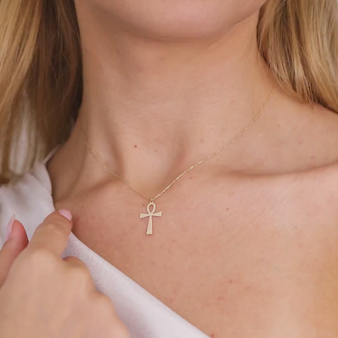 14K Gold Ankh Necklace, Egyptian Key of Life Pendant, Minimalist Ankh Cross Charm, Symbolic Jewelry, Gift for Her