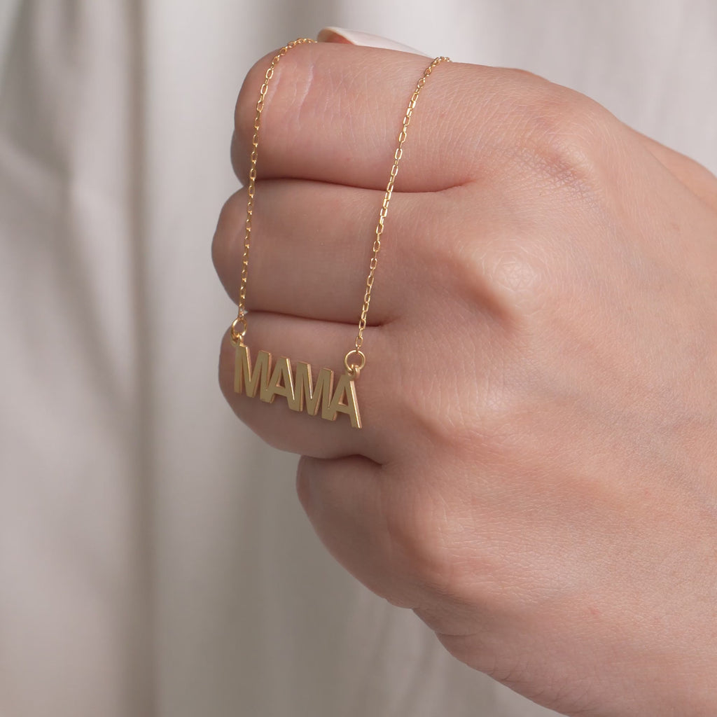 14K Gold Mama Necklace, Solid Gold Nameplate Pendant, New Mom Gift, Mother's Day Jewelry Gift