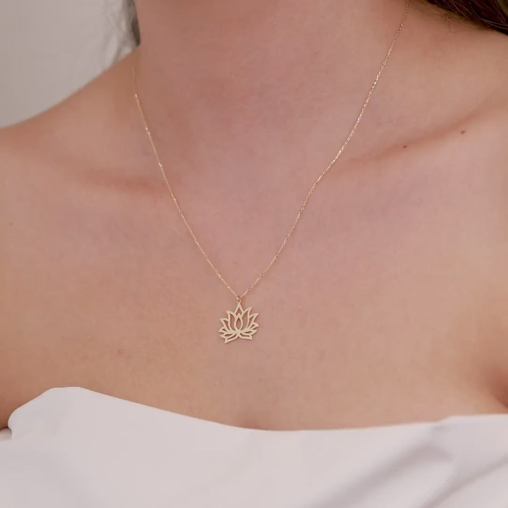 14K Gold Lotus Flower Necklace, Open Petal Lotus Pendant, Yoga Zen Charm, Symbolic Jewelry, Gift for Her
