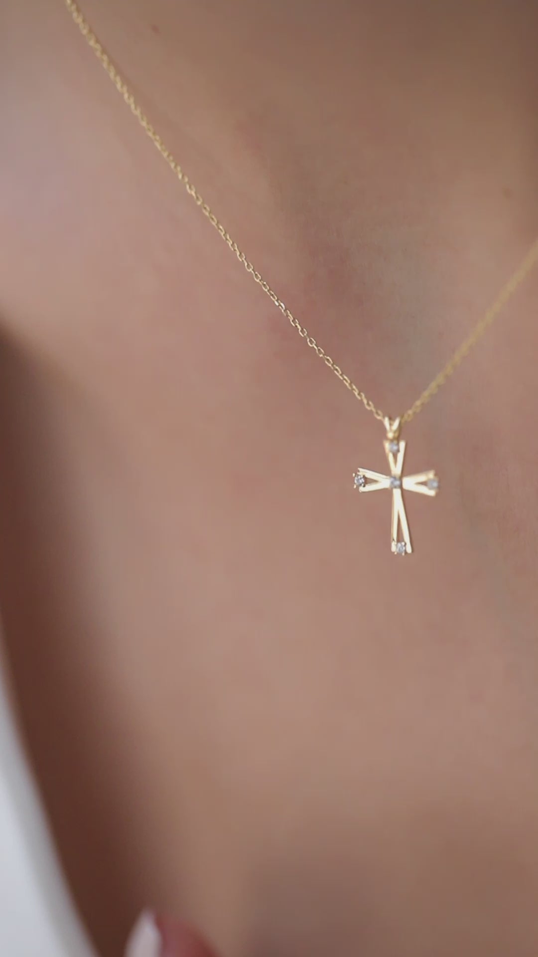 14K Gold Open Lab Diamond Cross Necklace, Prong Set Cross Pendant, Modern Faith Charm, Gift for Her