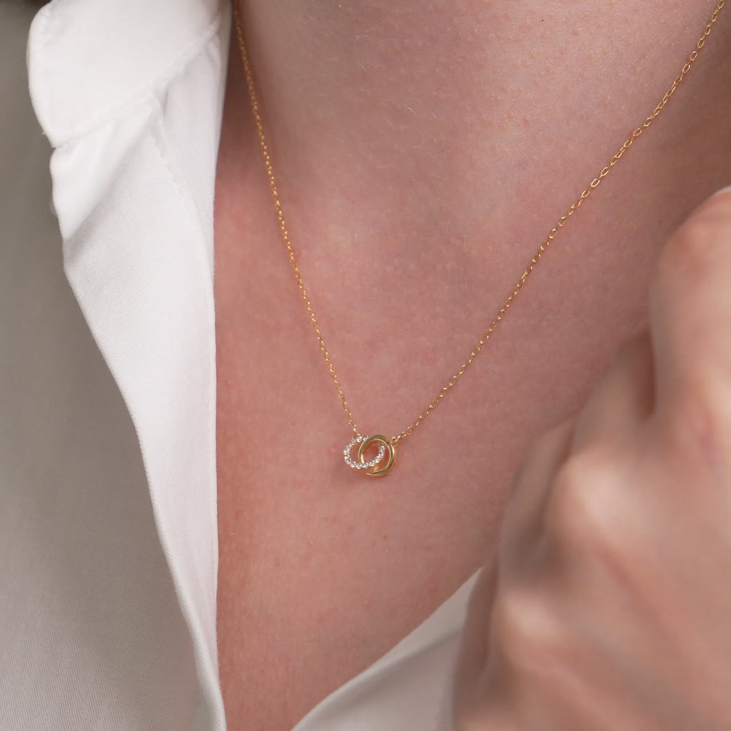 14K Gold Interlocking Circle Necklace, Lab Diamond Double Ring Pendant, Linked Circles Charm, Gift for Her