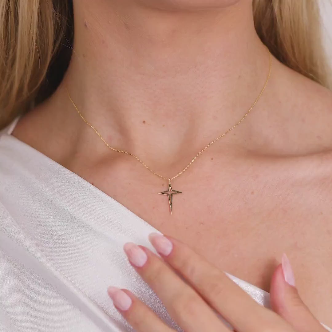14K Gold North Star Necklace, Sparkle Star Cross Pendant, Open Star Charm, Modern Celestial Jewelry, Gift for Her