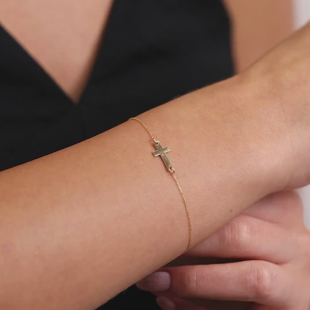 14K Gold Cross Bracelet, Classic Sideways Cross Chain Bracelet, Simple Faith Bracelet, Delicate Everyday Jewelry