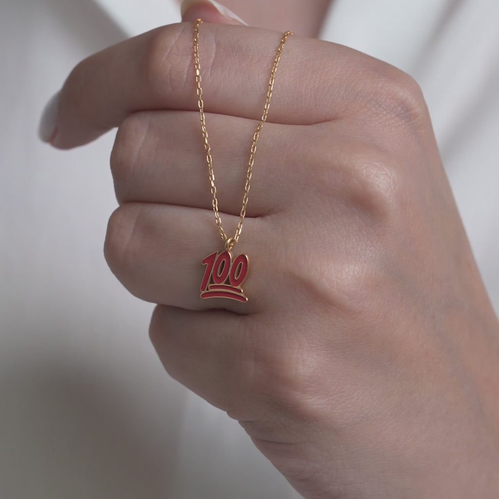 14K Gold 100 Emoji Necklace, Red Enamel Pendant, Trendy Hip Hop Jewelry, Fun Gift for Her Teen