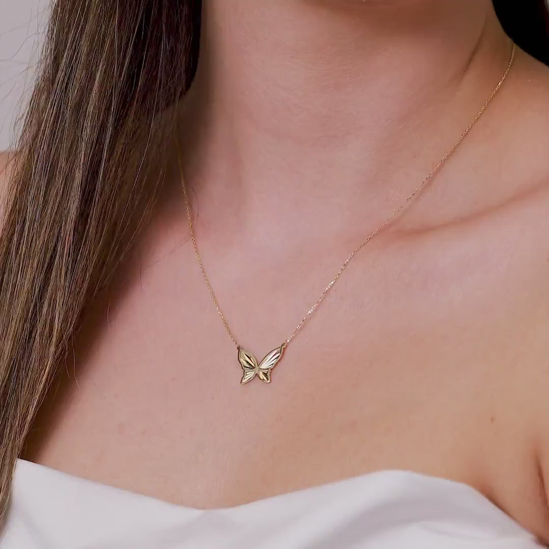 14K Gold Butterfly Necklace, Diamond Cut Butterfly Pendant, Dainty Sideways Charm, Nature Jewelry, Gift for Her