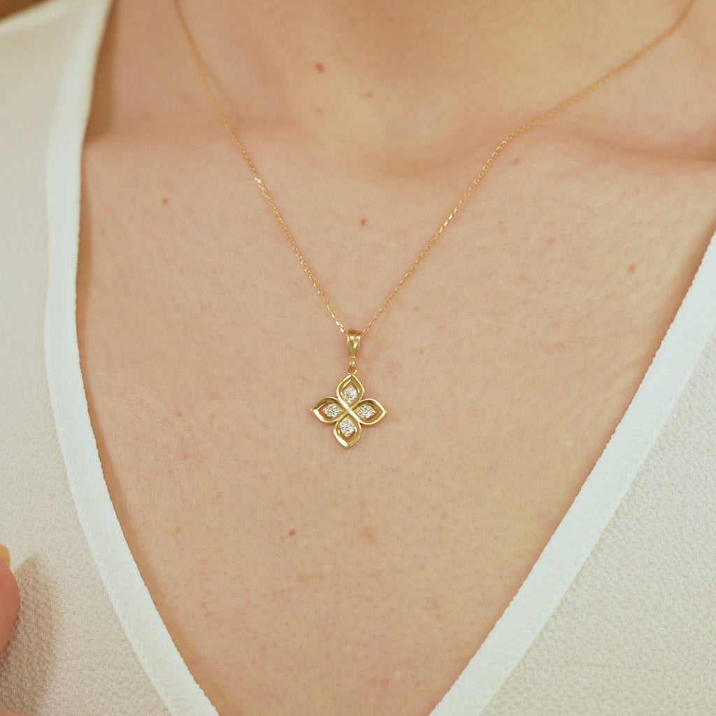 14K Gold Lab Diamond Flower Necklace, Four Petal Clover Pendant, Sparkling Floral Charm, Gift for Her