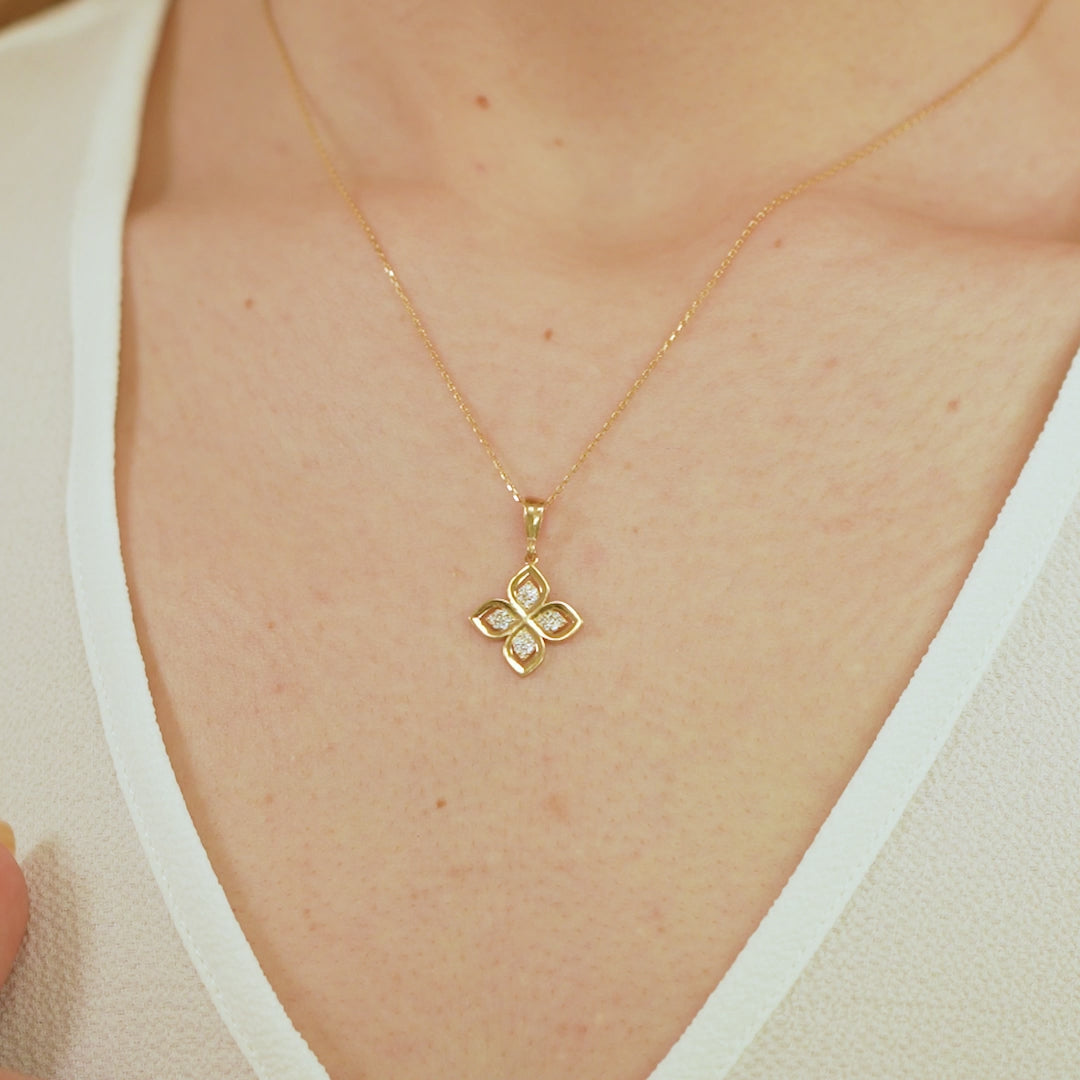 14K Gold Lab Diamond Flower Necklace, Four Petal Clover Pendant, Sparkling Floral Charm, Gift for Her