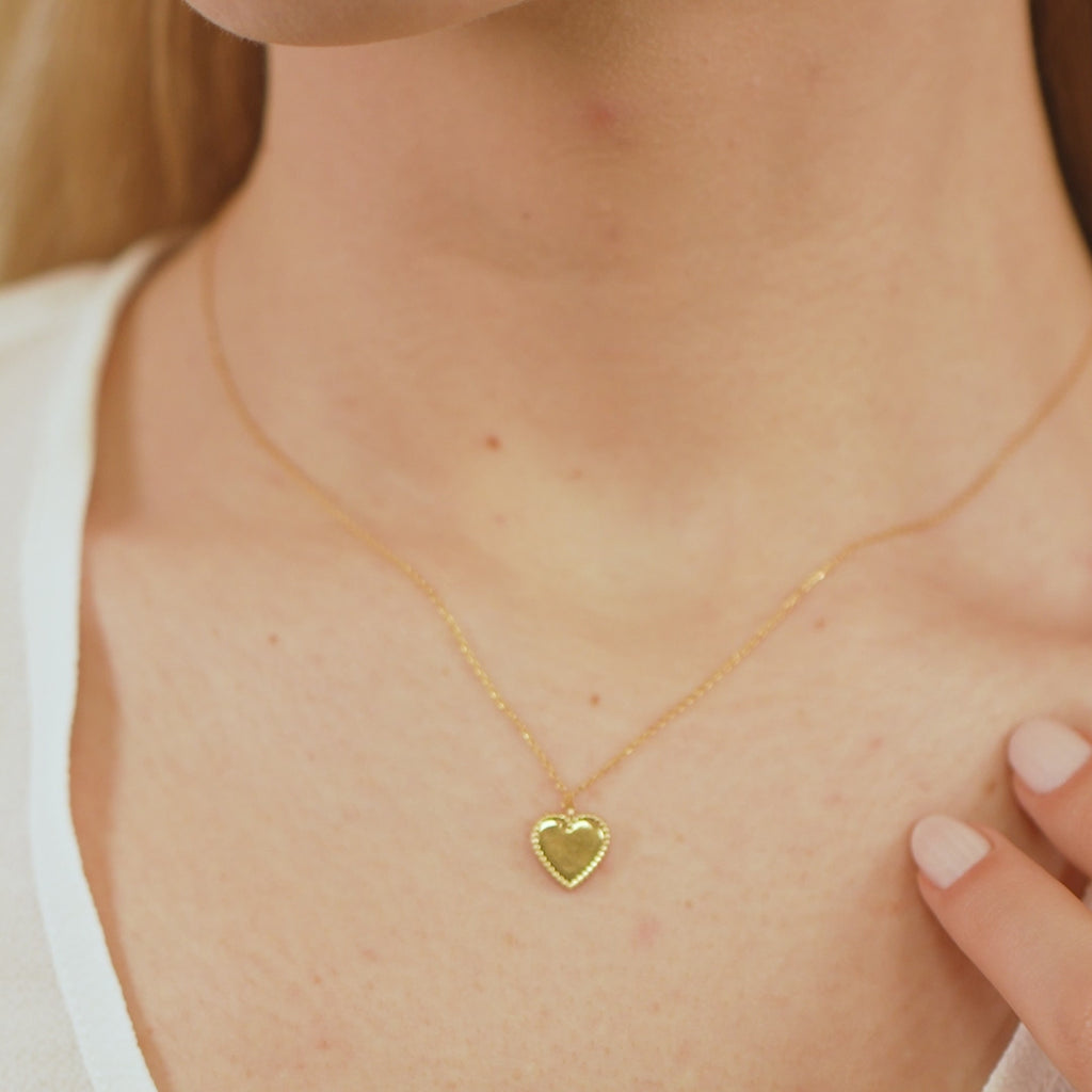 14K Gold Beaded Heart Necklace, Polished Heart with Beaded Frame Pendant, Classic Charm, Gift for Her