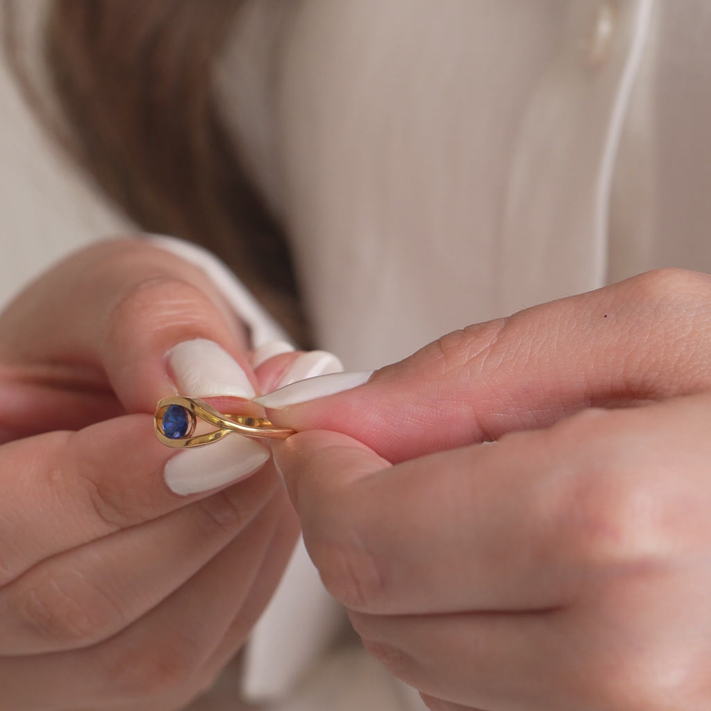 14K Gold Evil Eye Ring, Blue Sapphire Eye Ring, Sculptural Protection Ring, Modern Nazar Ring, Gift for Her