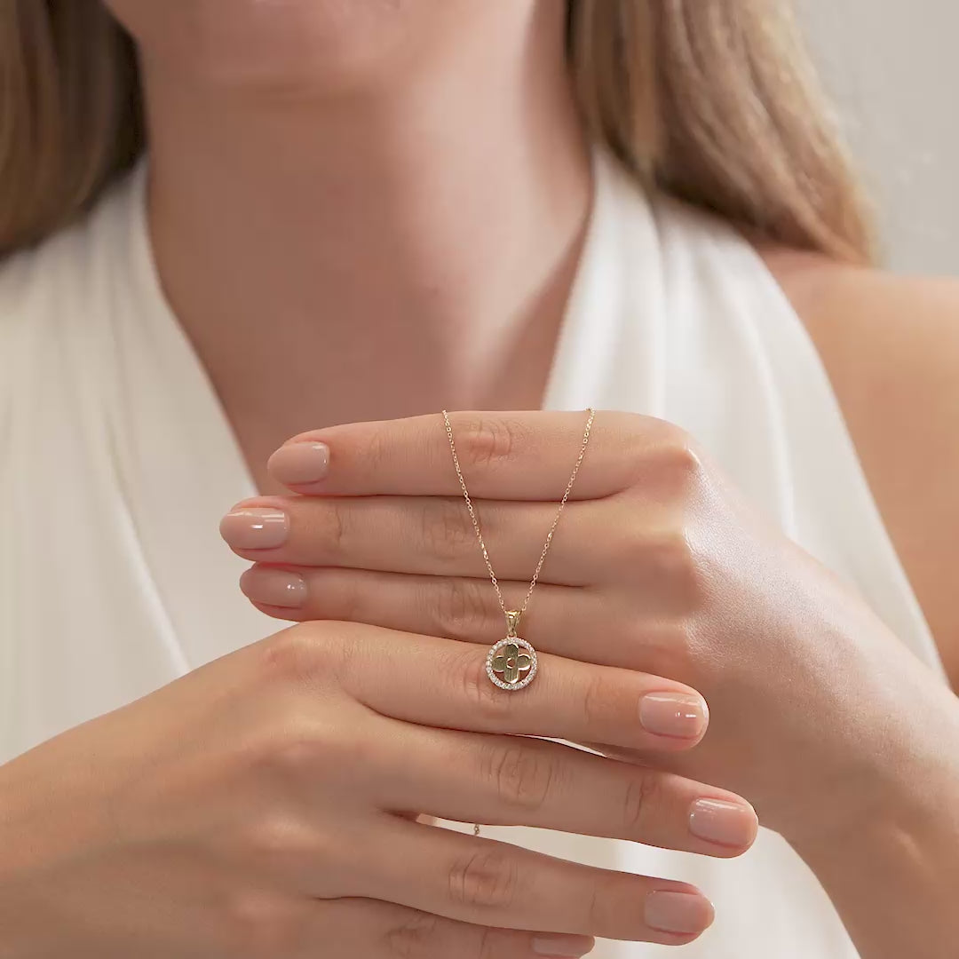 14K Gold Clover Halo Necklace, CZ Circle Frame Four Leaf Pendant, Polished Clover Charm, Gift for Her
