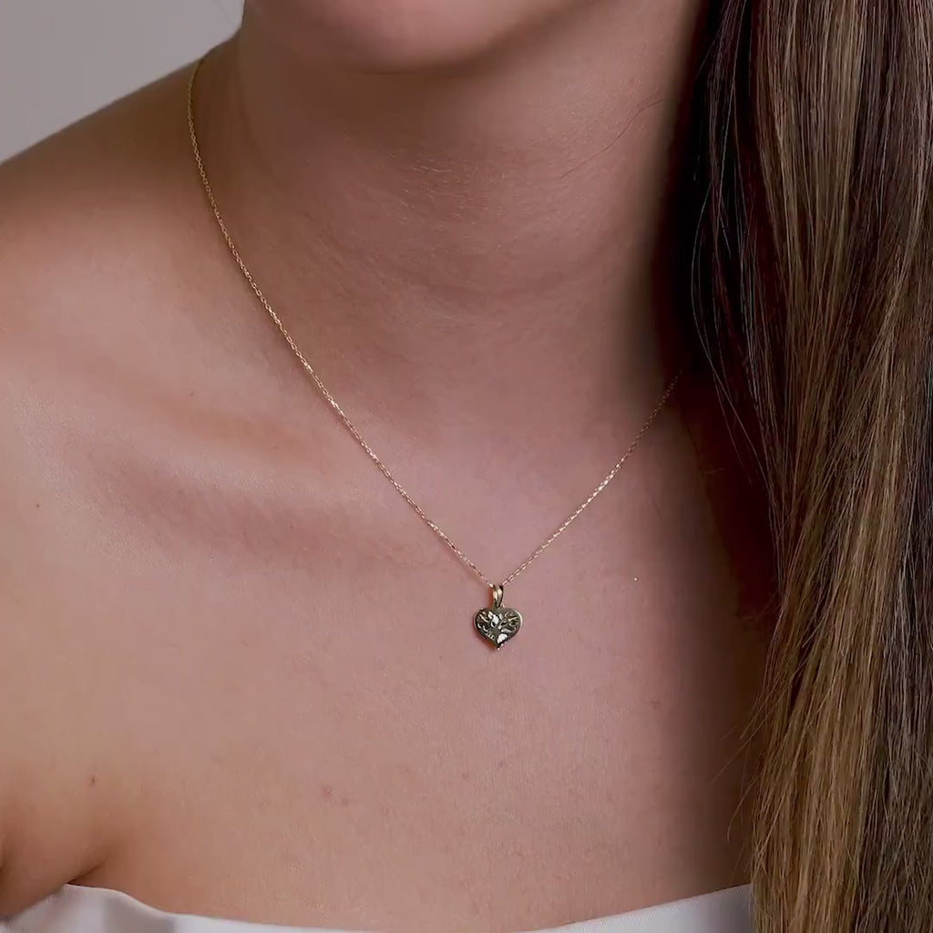 14K Gold Tree of Life Heart Necklace, Diamond Cut Heart Pendant, Family Tree Charm, Meaningful Gift for Her