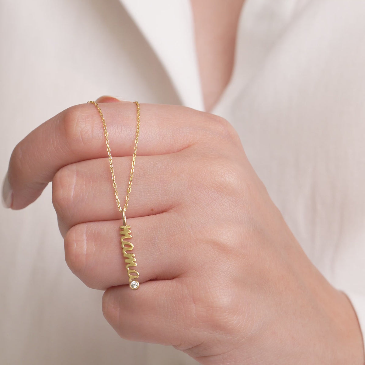14K Gold Mama Charm, Vertical Script Pendant, New Mom Lab Diamond Accent Charm, Mother's Day Jewelry, Gift for Her
